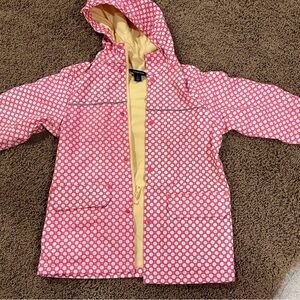 Lands End Pink Polka Dot Hooded Rain Coat with Yellow Lining